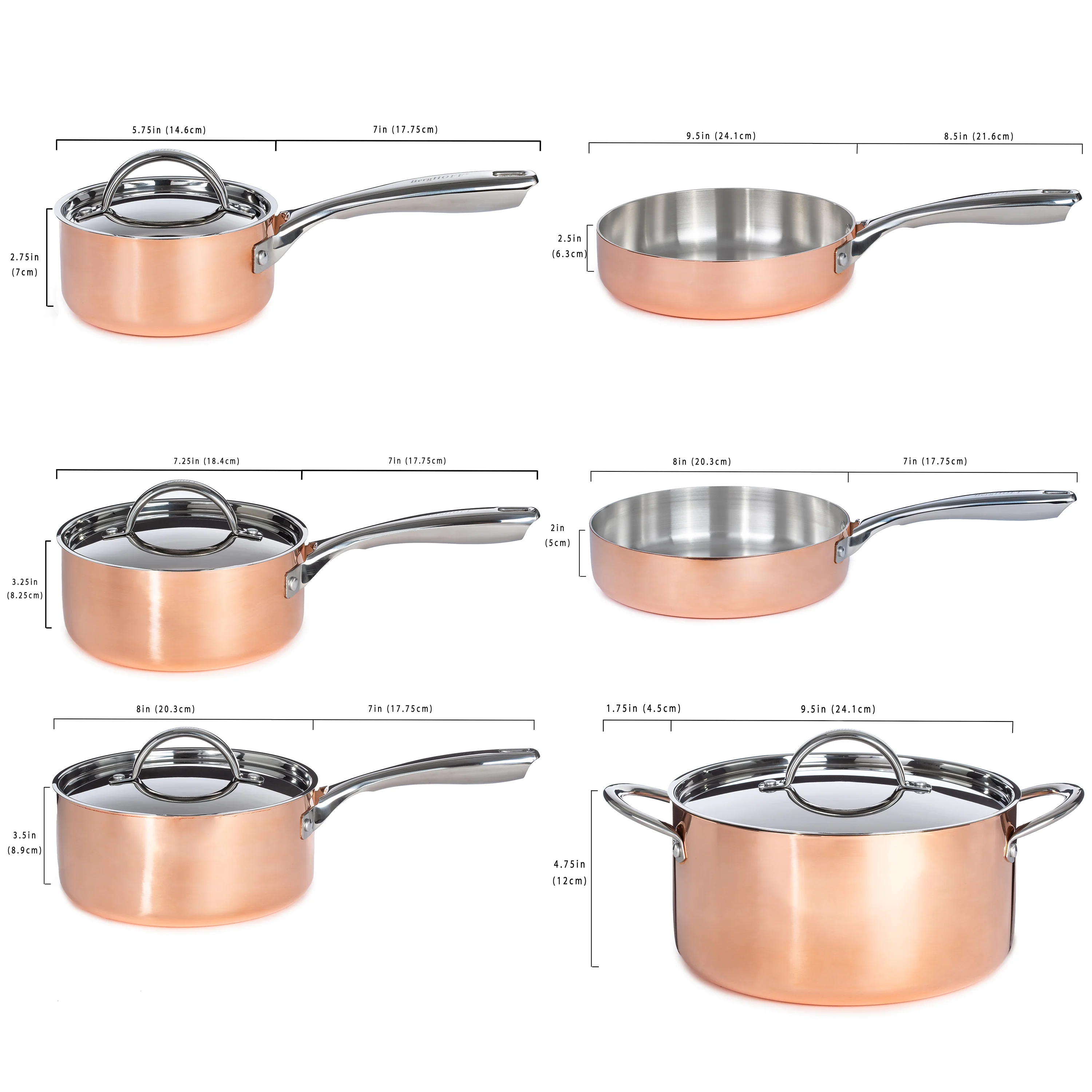 BergHOFF Vintage 10pc Tri-Ply Copper Cookware Set with Lids, Polished - Image 9