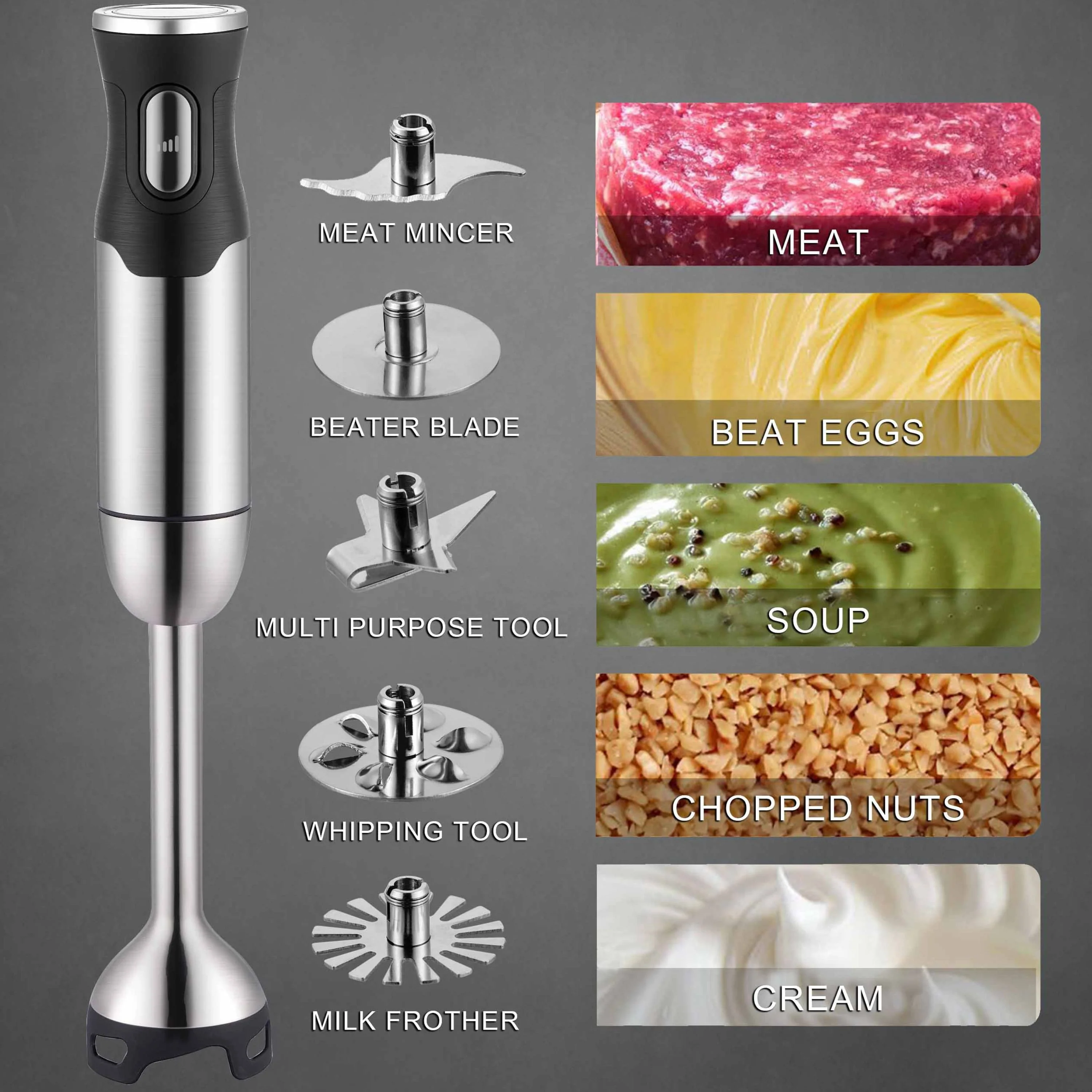 BergHOFF X5 Pro Stainless Steel Handheld Food Processor With 5 Multifunctional Blades, 1000W, 18000 RPM, 13ft Cord, 16-Speed Control - Image 6